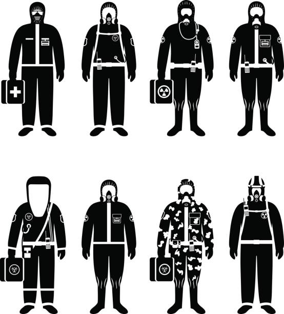 ilustraciones, imágenes clip art, dibujos animados e iconos de stock de concepto de la industria química. conjunto de los trabajadores de diferentes siluetas en trajes de protección de las diferencias en fondo blanco de estilo plano. profesión peligrosa. ilustración de vector. - protective suit