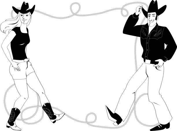 Line dance poster frame Couple dressed in traditional country western clothes dancing line dance, lasso frame on the background, EPS 8 vector line illustration, no white objects, black only line dance stock illustrations