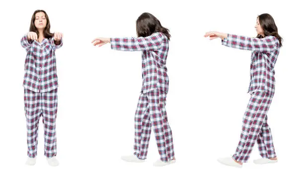 3 portraits in pajamas in a row a woman suffers from sleepwalking