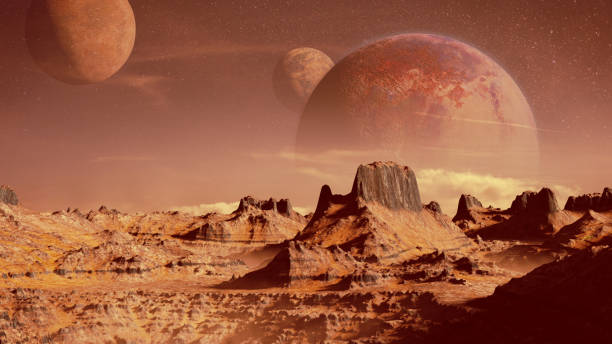 paesaggio panoramico del pianeta alieno (rendering 3d, gli elementi di questa immagine sono forniti dalla nasa) - afar desert foto e immagini stock
