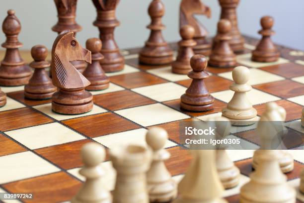 Chess Pieces In Starting Position On A Wooden Board Stock Photo - Download  Image Now - iStock