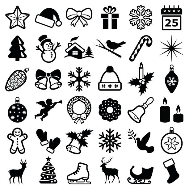 ilustraciones, imágenes clip art, dibujos animados e iconos de stock de iconos de navidad e invierno - mistletoe christmas christmas decoration christmas ornament