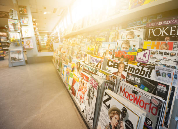 Swedish news stand, mixed magazines News stand. Mixed magazines and papers. news stand stock pictures, royalty-free photos & images