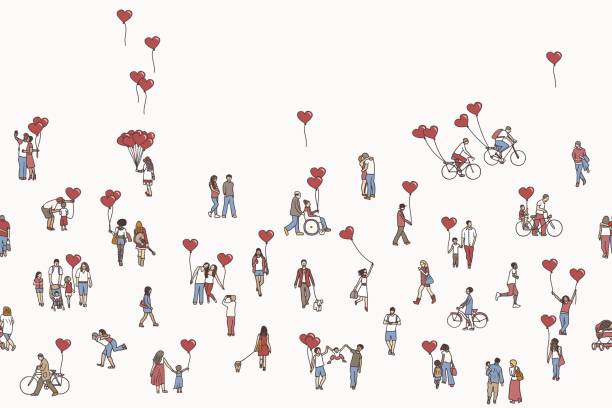 любовь все вокруг - иллюстрация крошечных людей, держащих в руках воздушные шары в форме сердца - urban scene small city banner stock illustrations