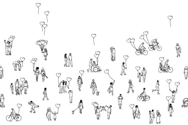 любовь все вокруг - иллюстрация крошечных людей, держащих в руках воздушные шары в форме сердца - urban scene small city banner stock illustrations