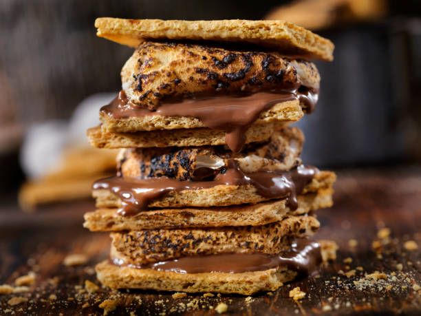 Smores Toasted Marshmallows with Chocolate between Graham Crackers smore photos stock pictures, royalty-free photos & images