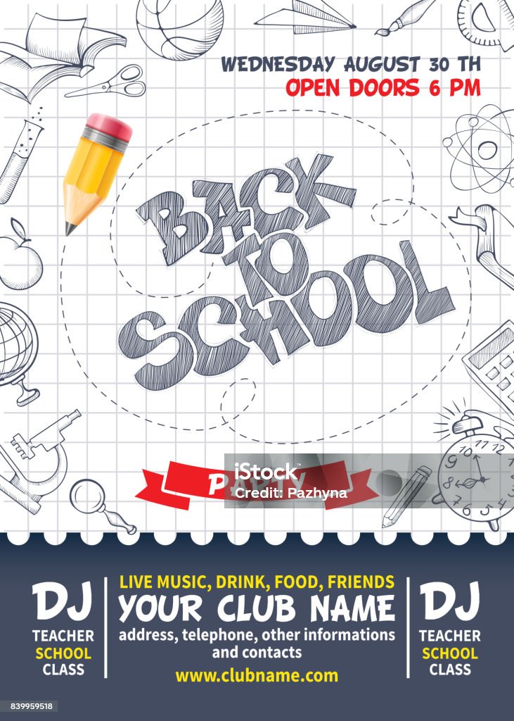 Back to school Back to school party poster template. Design with various educational equipments on list sheet.Vector illustration. Back to School stock vector
