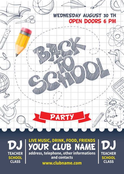 Back to school Back to school party poster template. Design with various educational equipments on list sheet.Vector illustration. learning drawings stock illustrations