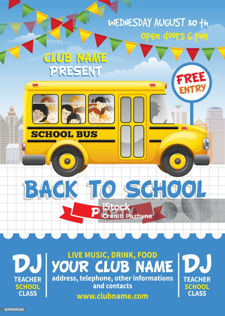 Back to school Back to school party poster template. Cute design with yellow school bus on list sheet.Vector illustration. Bus stock vector