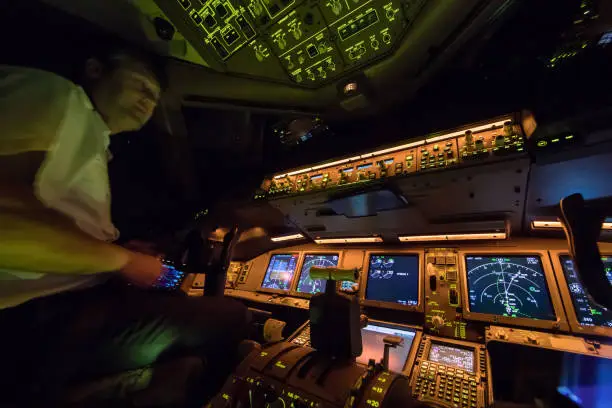 August 8, 2017 Flight from Amsterdam. Pilot enjoying the night after departure of Amsterdam International Airport Netherlands. The view from the flight deck with illuminated buttons.