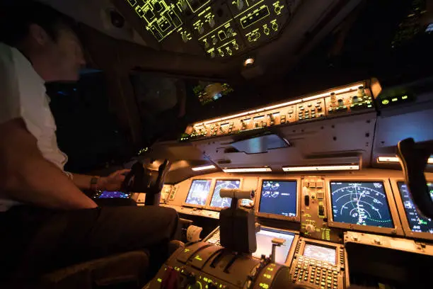 August 8, 2017 Flight from Amsterdam. Pilot enjoying the night after departure of Amsterdam International Airport Netherlands. The view from the flight deck with illuminated buttons and blurred motion