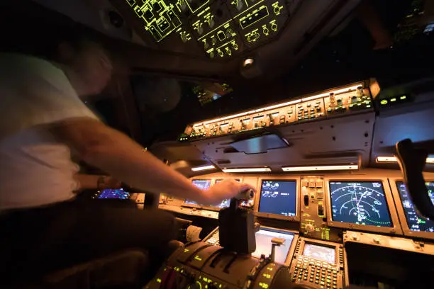 August 8, 2017 Flight from Amsterdam. Pilot enjoying the night after departure of Amsterdam International Airport Netherlands. The view from the flight deck with illuminated buttons and blurred motion