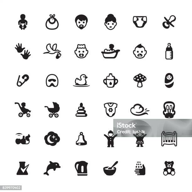 Babies And Baby Goods Icons Set Stock Illustration - Download Image Now - Icon Symbol, Stork, Baby - Human Age