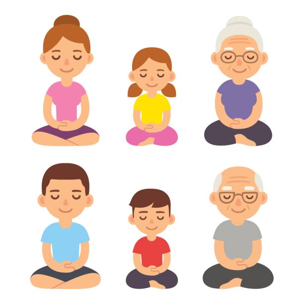 ilustrações de stock, clip art, desenhos animados e ícones de family meditating lotus pose - white background yoga exercising women