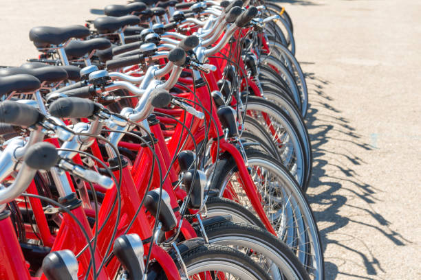 istock Group of red city bicycles 839975938