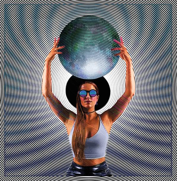 istock Psychedelic illustration of a cool hipster woman holding moon or planet Earth 839979574
