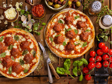 Meatball Marinara Pizza with Basil and Fresh Mozzarella