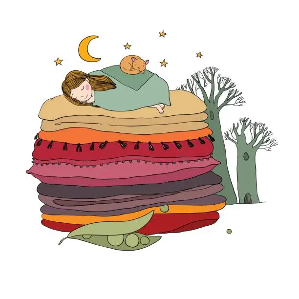 Vector illustration of Princess on the Pea. Blankets and pillows.