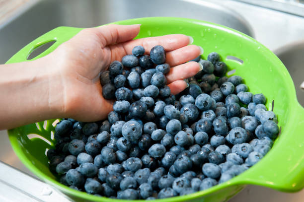 Rinsing Blueberries stock photo
