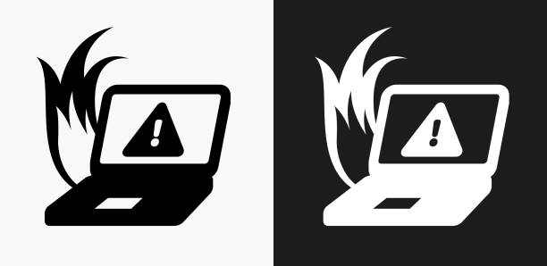 illustrations, cliparts, dessins animés et icônes de ordinateur surchauffe icône sur fond de vector noir et blanc - computer icon black and white flame symbol