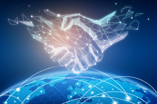 Connectivity concept Abstract polygonal handshake over the world with global network and data exchanges. Connectivity concept. 3D Rendering global business handshake stock pictures, royalty-free photos & images
