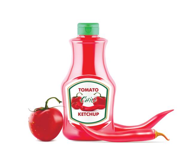istock Ketchup bottle with fresh tomatoes and red hot chili pepers on the lable isolated on white background, realistic vector illustration 840006158