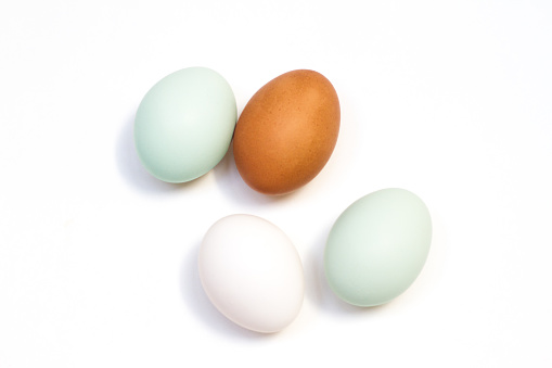 Organic (Blue, Brown, White) Eggs on White Background with copy space.