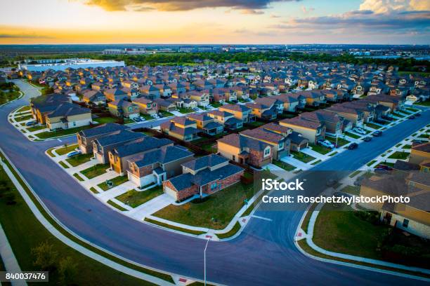 Sunset Above Suburb Aerial Drone View High Above Homes In Austin Texas Stock Photo - Download Image Now