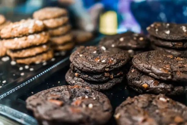 Macro closeup of dark fudge chocolate chip and nuts cookies on display in bakery