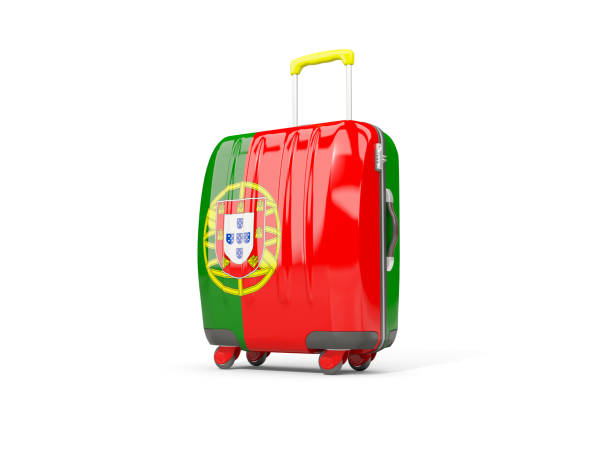 luggage with flag of portugal. suitcase isolated on white - suitcase flag national flag isolated on white imagens e fotografias de stock