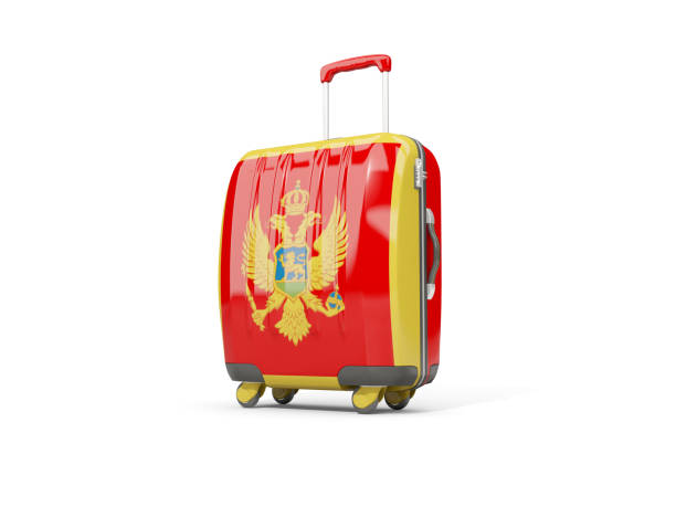 luggage with flag of montenegro. suitcase isolated on white - suitcase flag national flag isolated on white imagens e fotografias de stock