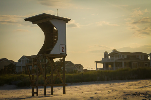 A lifeguard tower at public access #4, Wrightsville Beach, NC, USA.