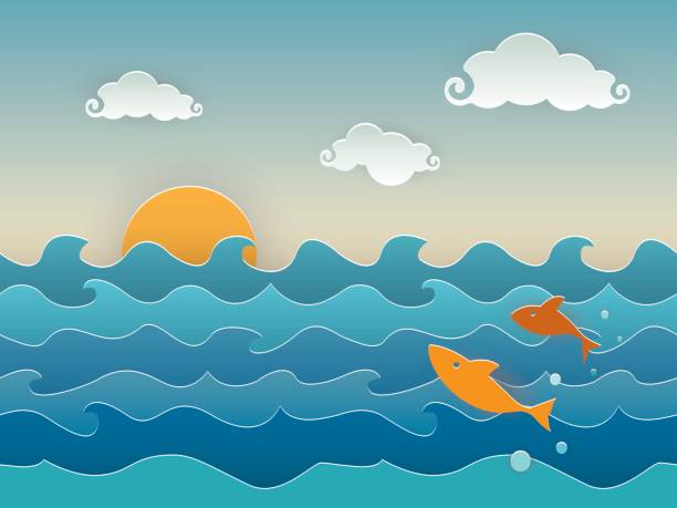 illustrazioni stock, clip art, cartoni animati e icone di tendenza di pesci che saltano nel mare blu intenso - sunrise sun gold sea