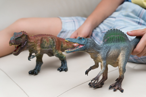 kids hands catching a brown tyrannosaurusaurus and a grey Spinosaurus toy on a sofa at home