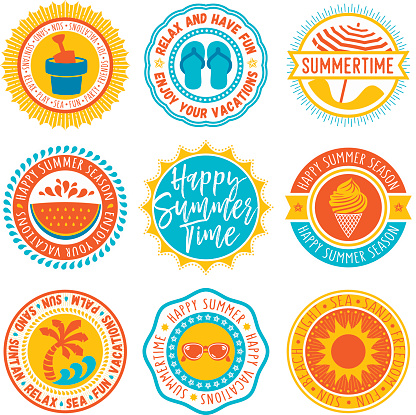 Vector circular labels and seals on summer and vacations theme