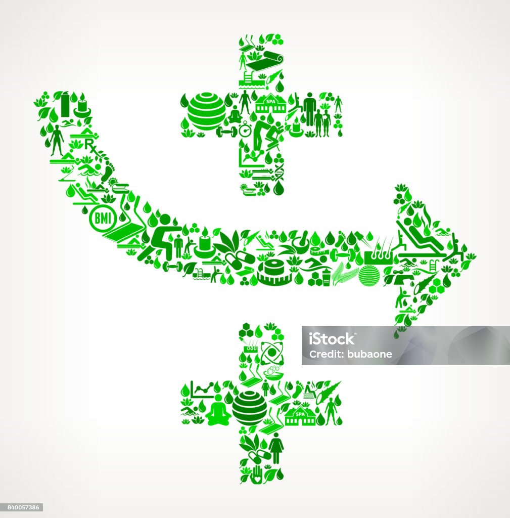 Game Plan  Health and Wellness Icon Set Background Pattern Game Plan  Health and Wellness Icon Set Background Pattern . This vector graphic composition features the main object composed of health and wellness icons. The icons vary in size and shades of green color. The vector icons form a seamless pattern to form the object. The background is white with a slight gradient. The icons include such popular healthcare and wellness icons as fitness, water, people exercising, massage, stretching, yoga and many more. You can use this entire composition or each icon can also be used separately and as not part of the icon set. Adult stock vector