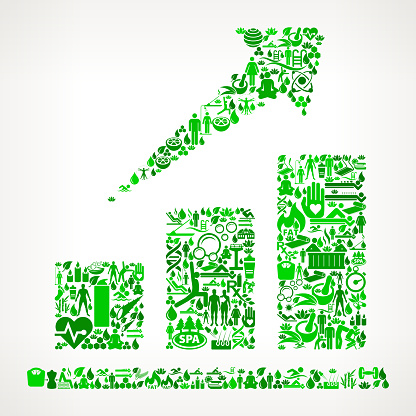 Stock Market  Health and Wellness Icon Set Background Pattern . This vector graphic composition features the main object composed of health and wellness icons. The icons vary in size and shades of green color. The vector icons form a seamless pattern to form the object. The background is white with a slight gradient. The icons include such popular healthcare and wellness icons as fitness, water, people exercising, massage, stretching, yoga and many more. You can use this entire composition or each icon can also be used separately and as not part of the icon set.