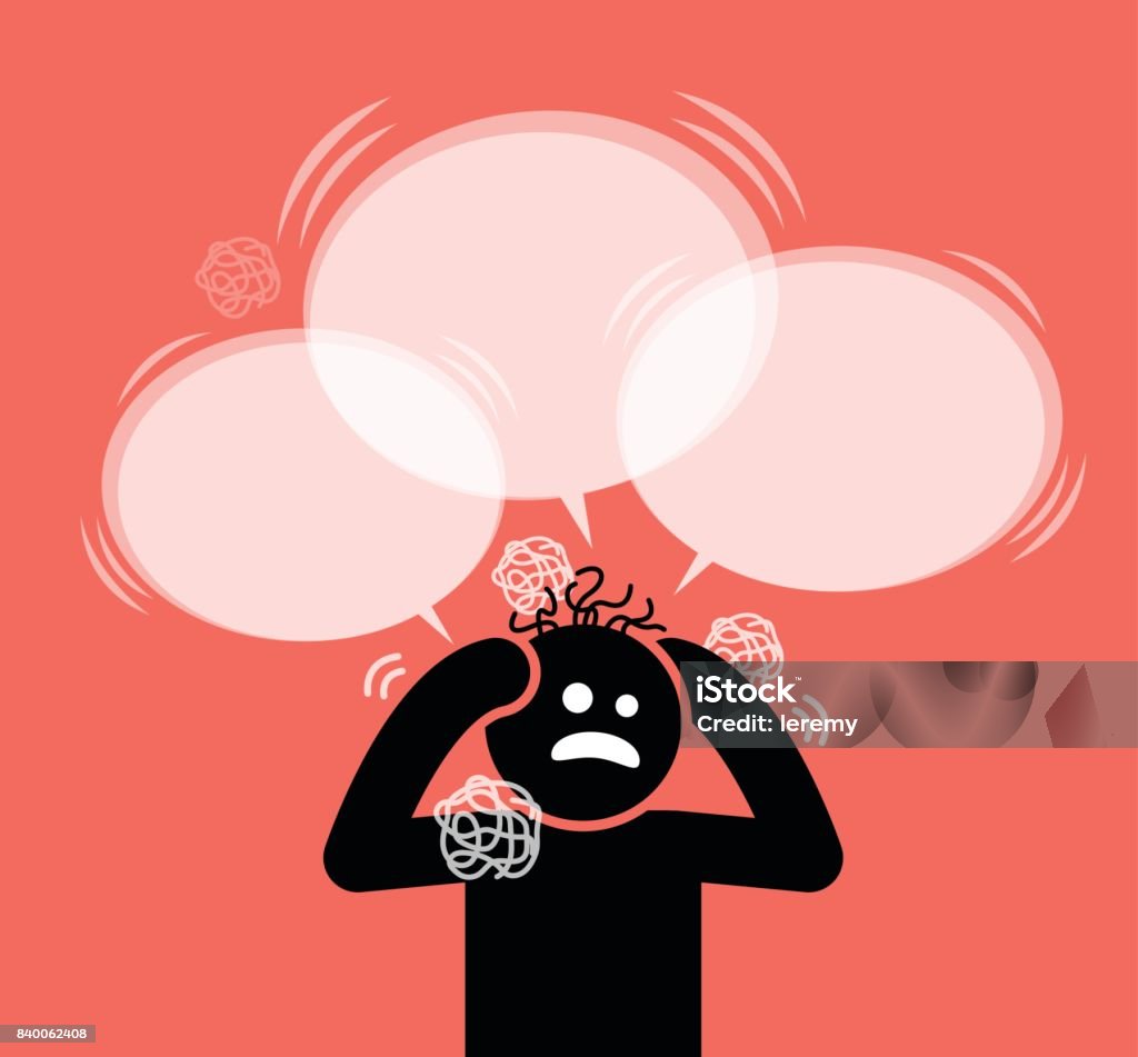 Man scratching his head and hair. He is under pressure, dilemma, confusion, and in panic. He do not what to do and asking a lot of questions to himself. His hair is messed up in the chaotic moment. Anxiety stock vector