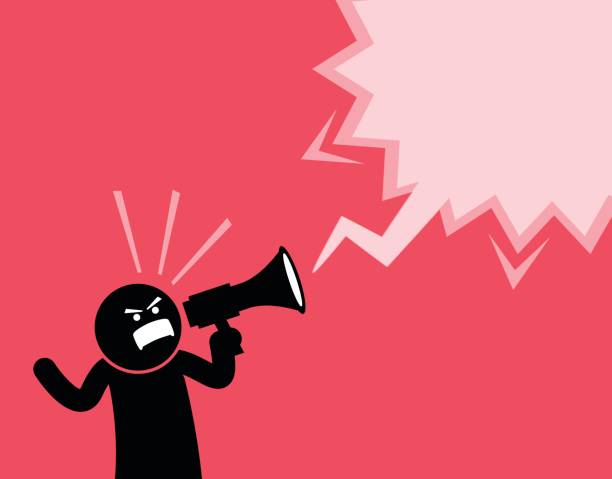 Man screaming out loud with a megaphone. He is declaring and announcing something important. He is full of spirit, emotion, and clenching his fist while shouting with the loudspeaker. furious stock illustrations