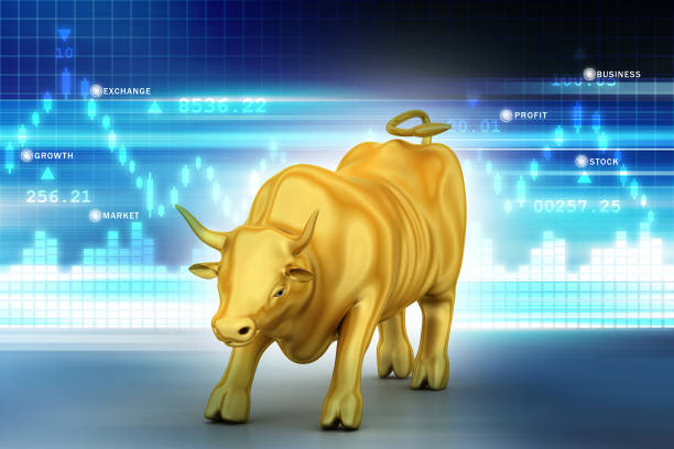 istock Rising bronze business bull in color background 840064194