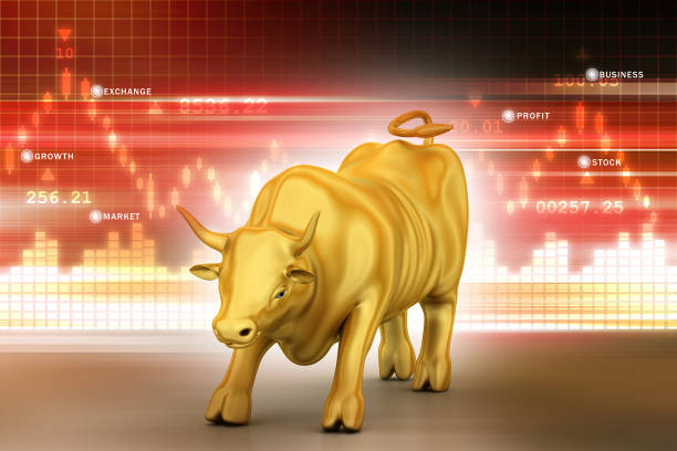 istock Rising bronze business bull in color background 840067702