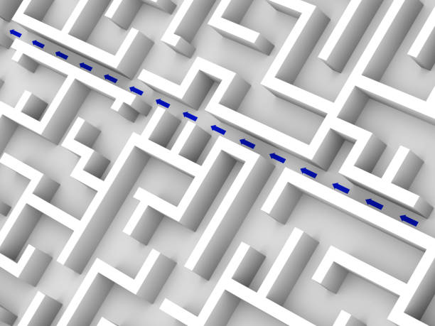 istock white maze structure, blue arrows showing shortcut through the maze garden 840081844