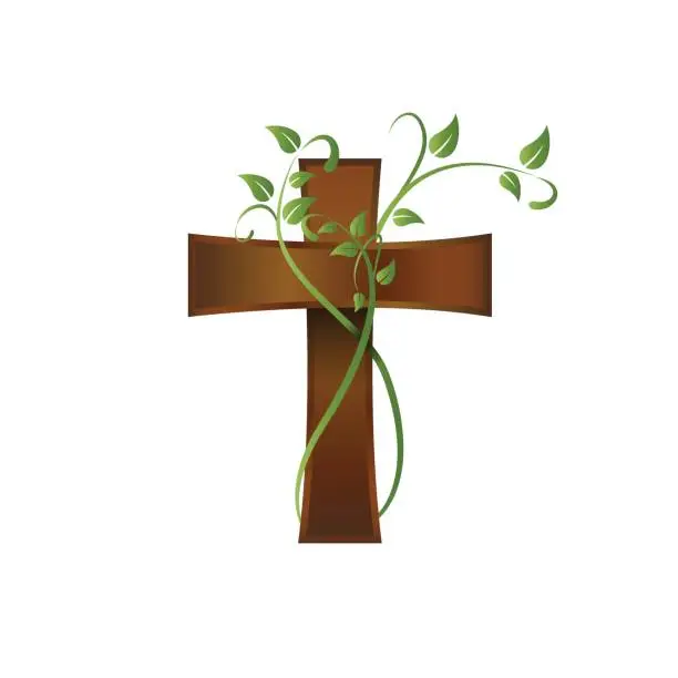 Vector illustration of Vector wooden crucifix, rood and climbing plant