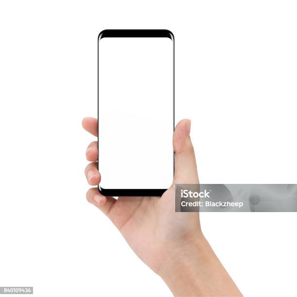 Mock Up Phone In Holding Hand Isolated On White Background Clipping Path Inside Stock Photo - Download Image Now