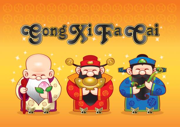 illustrazioni stock, clip art, cartoni animati e icone di tendenza di 3 divinità cinesi carine che ti augurano gong xi fa cai! - chinese god