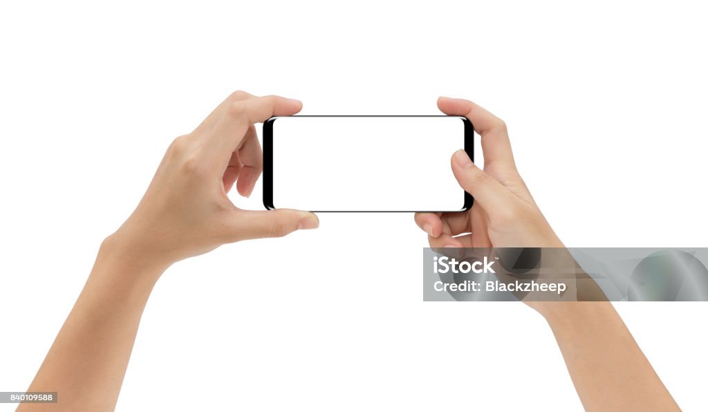 mock-up phone in hand holding isolated on white background clipping path inside Horizontal Stock Photo