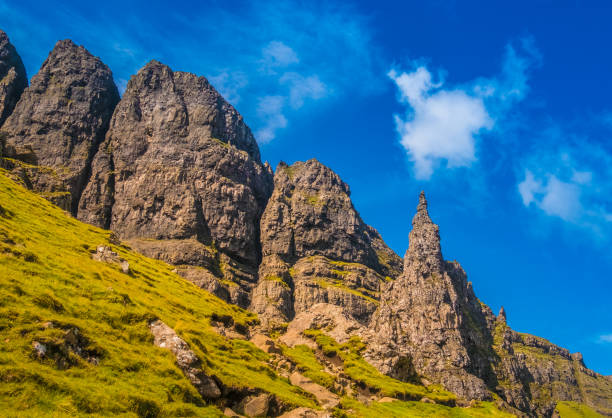 The Storr (An Stor), a rocky hill on the Trotternish peninsula of the Isle of Skye in the Highlands of Scotland. The hill presents a steep rocky eastern face overlooking the Sound of Raasay, contrasting with gentler grassy slopes to the west. el storr (un montable en bastidor), una colina rocosa en la península de trotternish de la isla de skye en las tierras altas de escocia. el cerro presenta una cara oriental rocosa escarpada con vistas a la sonido de raasay, contrastando con suaves pendientes herbosas al oeste.