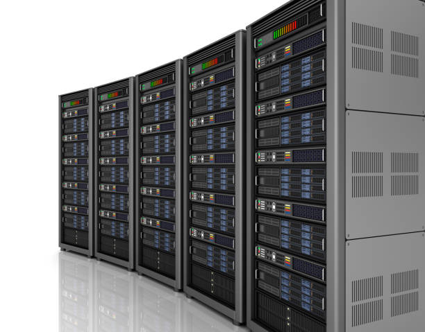 wiersz serwerów sieciowych w centrum danych izolowane na białym tle . ilustracja 3d - network server rack data center in a row zdjęcia i obrazy z banku zdjęć