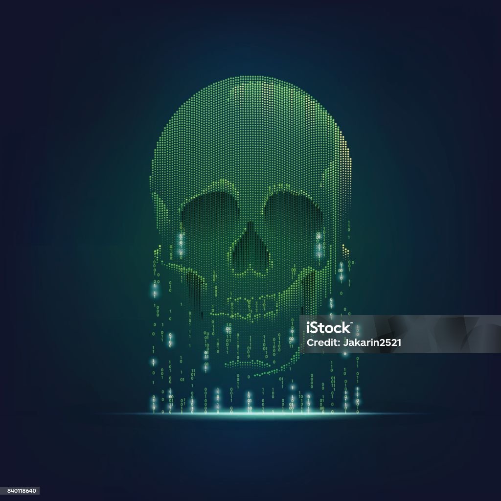 deadlyVirus concept of computer virus, internet piracy and hacking, shape of skull combined with binary code Network Security stock vector