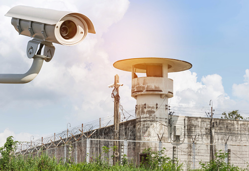 Outdoor CCTV security camera or surveillance system operating in prison guard tower